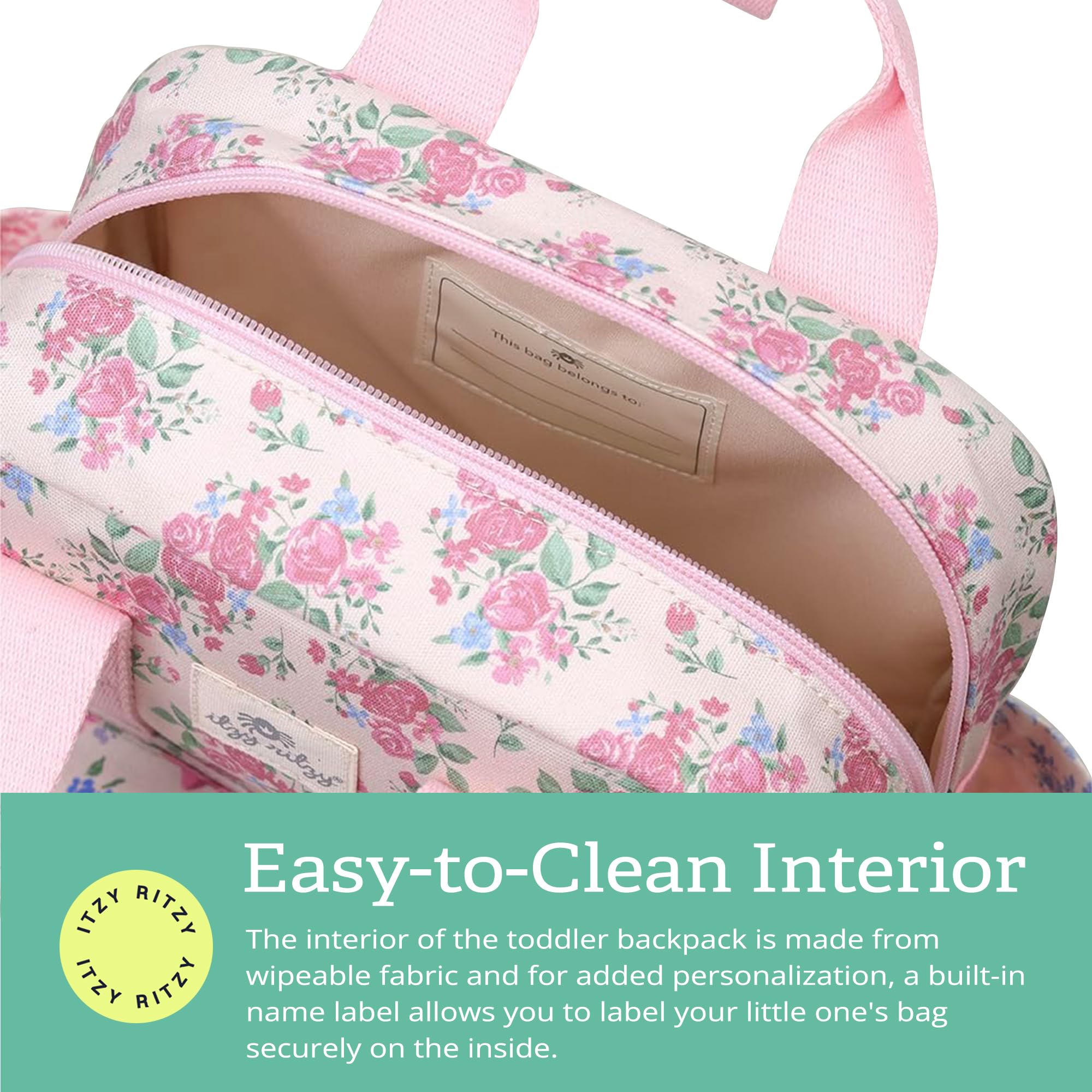 Large front pocket on Itzy Ritzy toddler backpack for quick-access items.