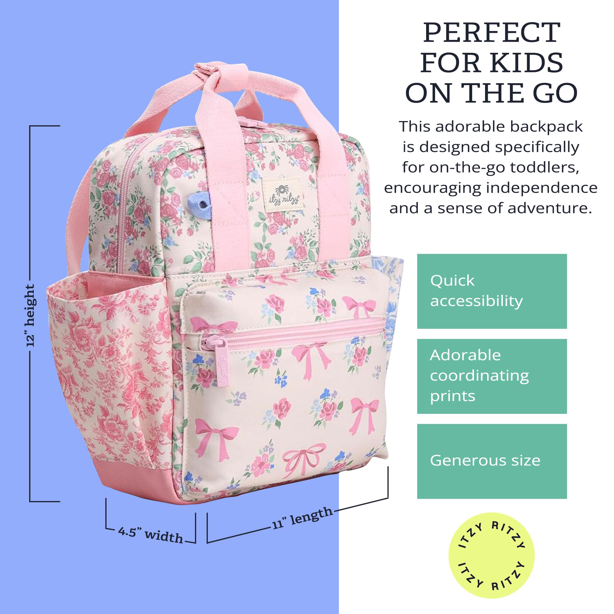 Inside name label on Itzy Ritzy toddler backpack helps keep belongings organized.