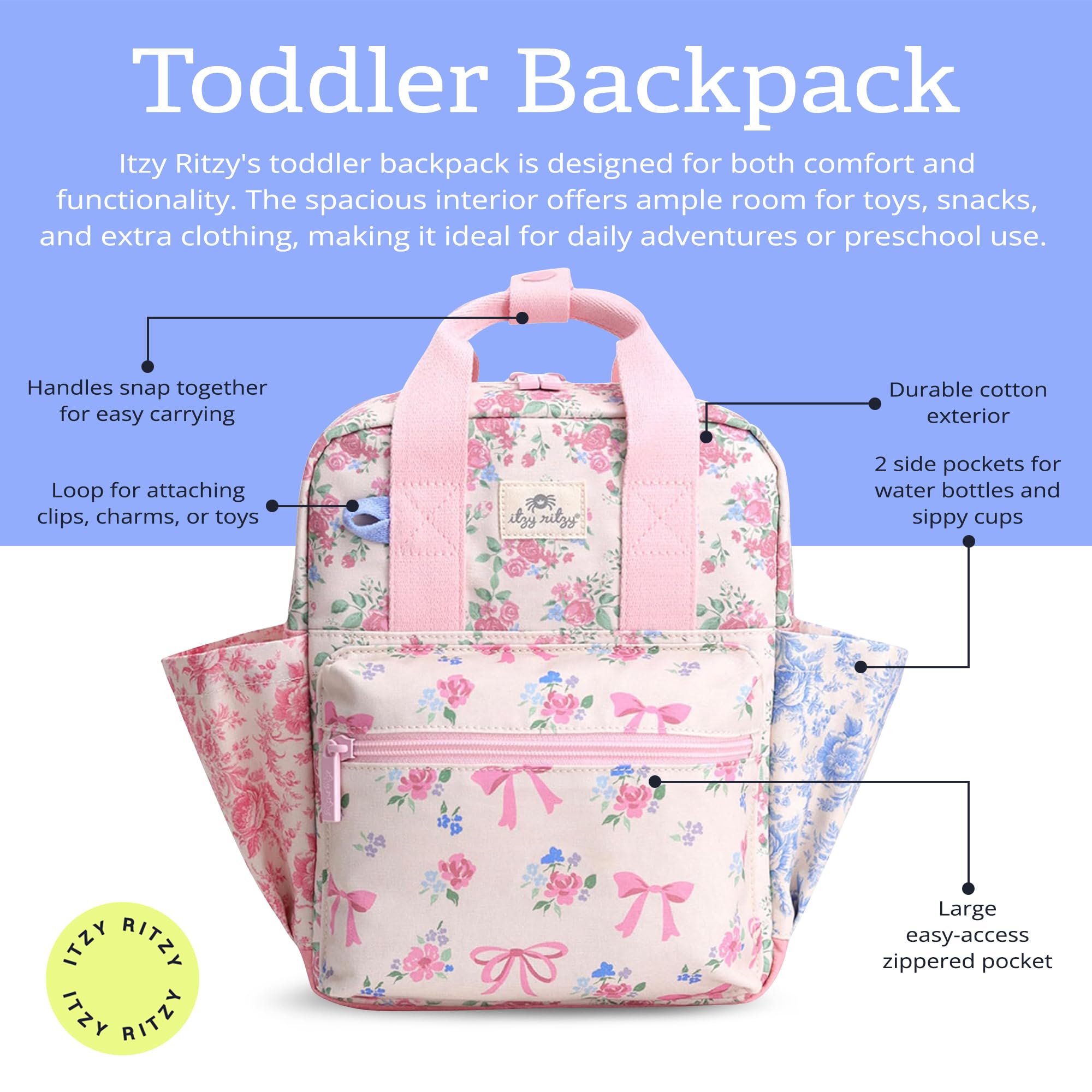 Itzy Ritzy backpack side pockets designed for water bottles during outings.