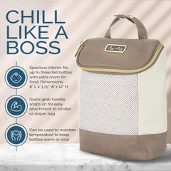 Itzy Ritzy Vanilla Latte bottle bag on stroller snaps for quick access