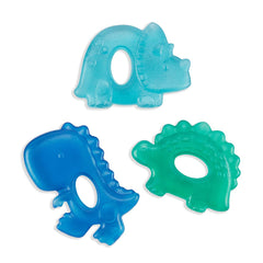 Itzy Ritzy dinosaur-design water-filled teether set soothing gums with triple shapes.