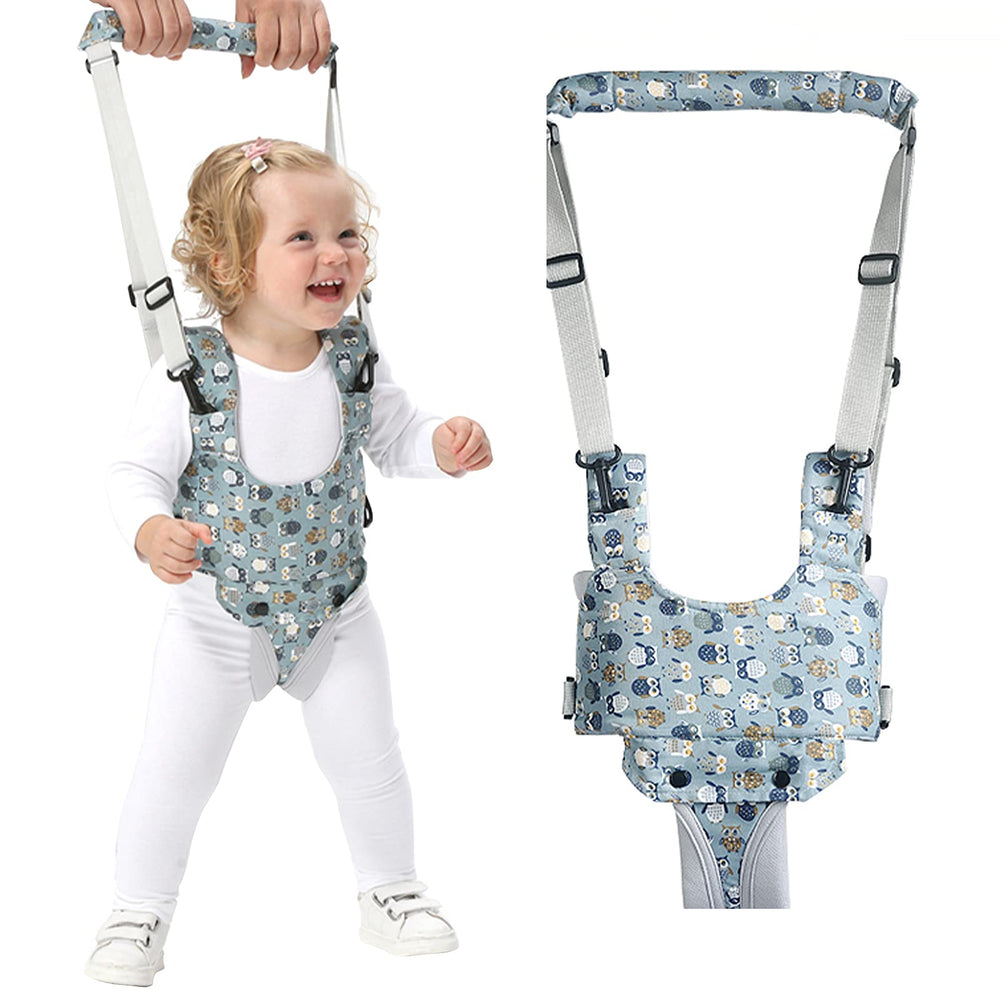 IULONEE baby walker blue grey front view showing adjustable harness for early steps