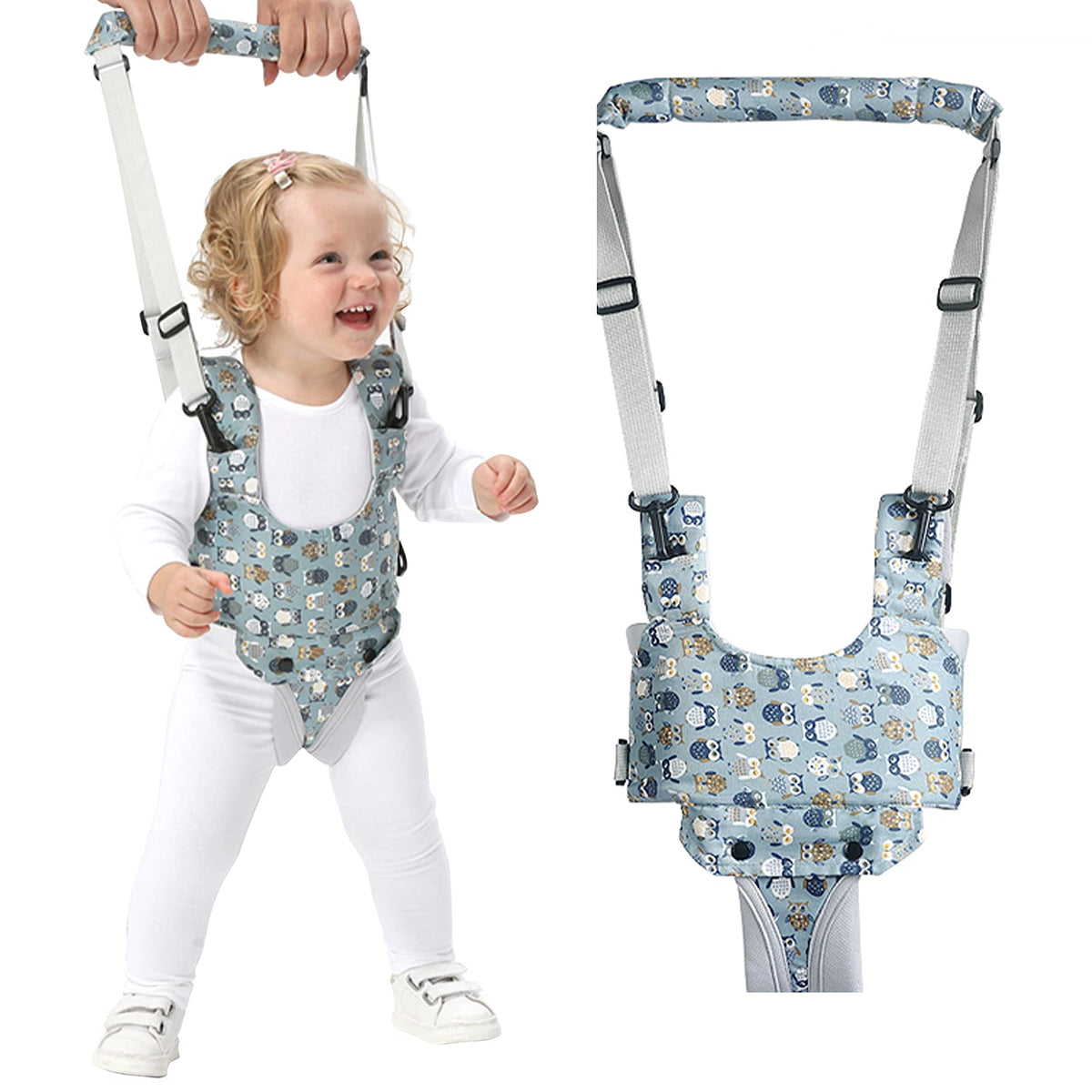 IULONEE baby walker blue grey front view showing adjustable harness for early steps