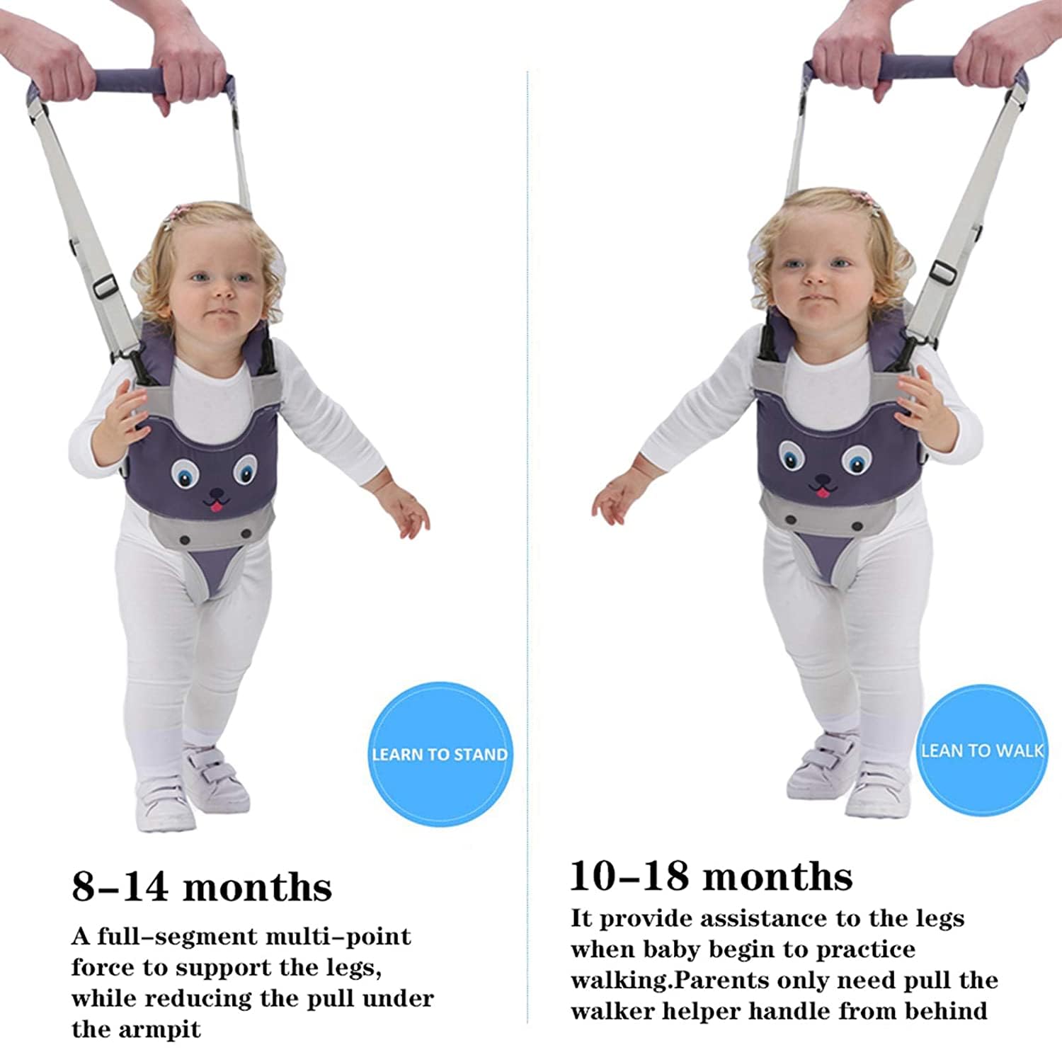 IULONEE Baby Walker Harness grey adjustable straps ensure a stable, secure fit.