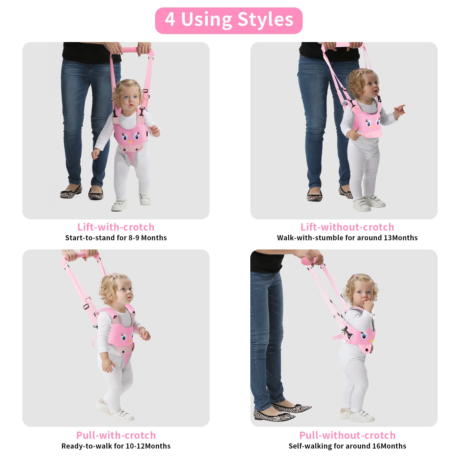 IULONEE pink walking harness with detachable crotch band supports growth