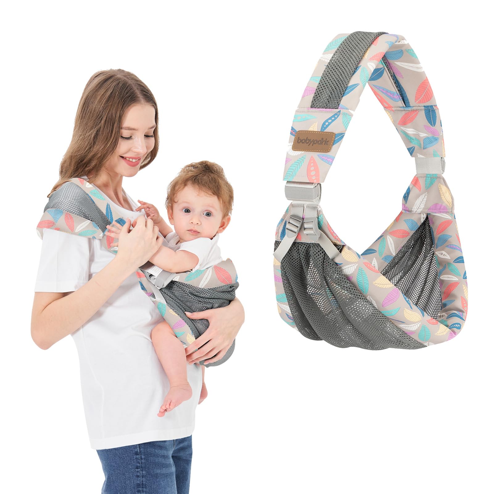 IULONEE breathable mesh baby wrap demonstrates year round comfort for parent and baby.