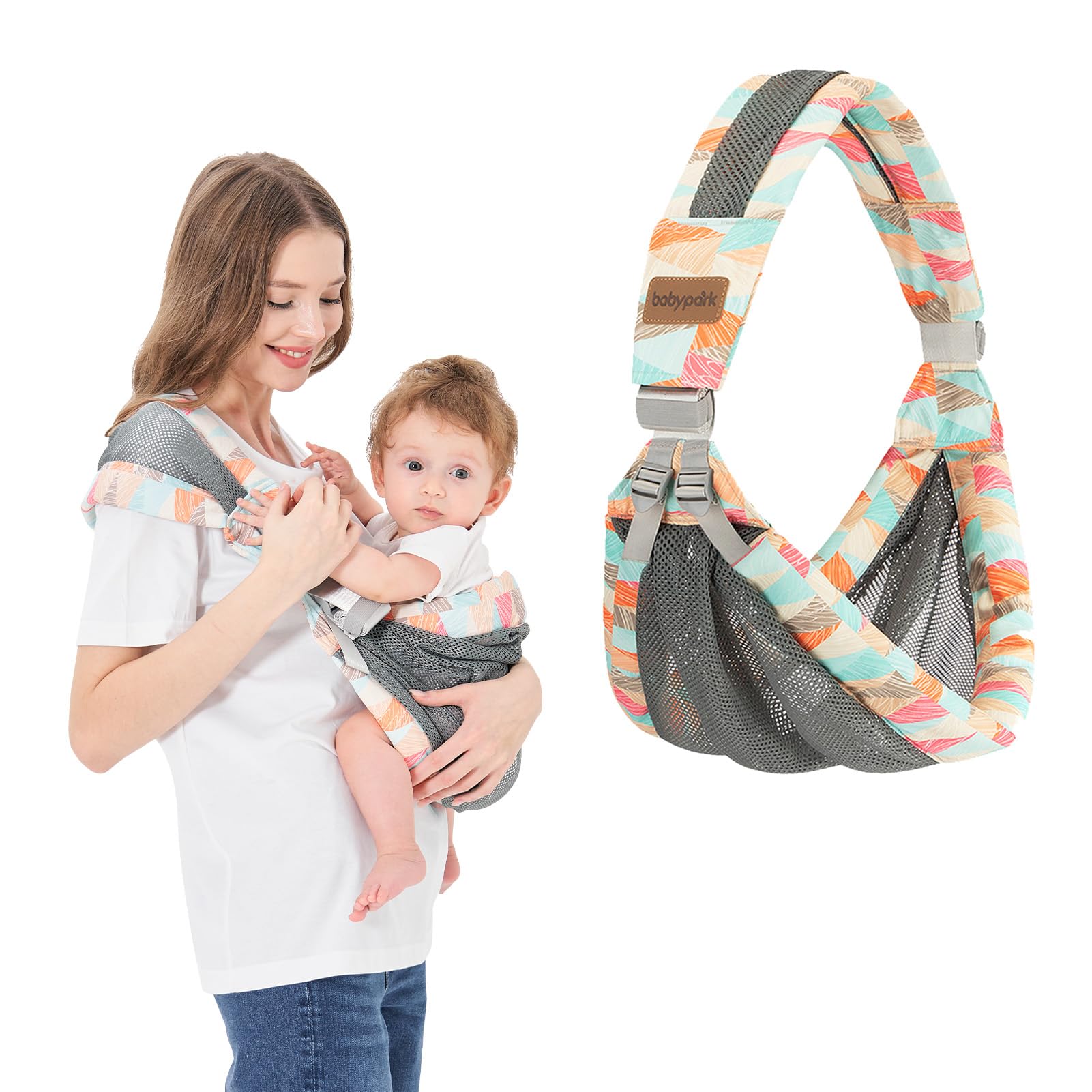 IULONEE Baby Wrap Carrier demonstrates breathable mesh for comfortable front carry.