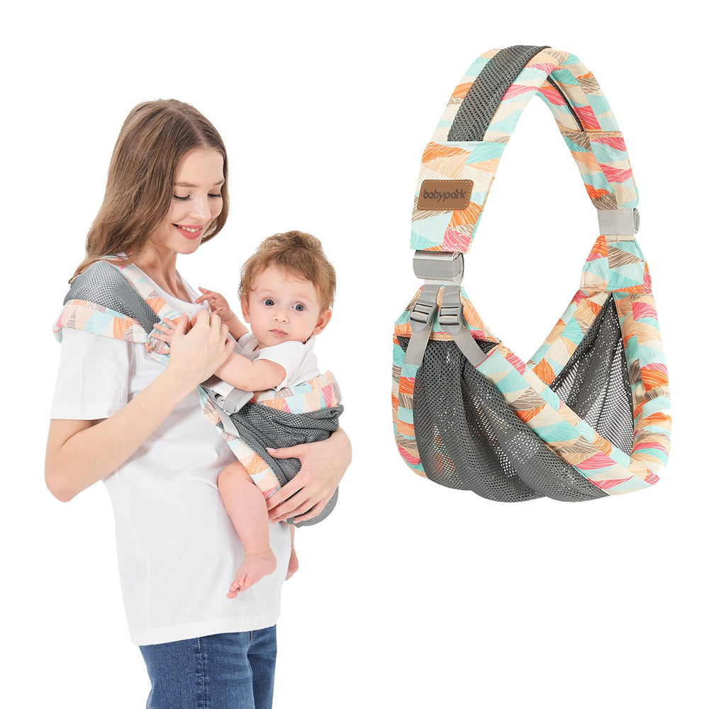 IULONEE Baby Wrap Carrier demonstrates breathable mesh for comfortable front carry.