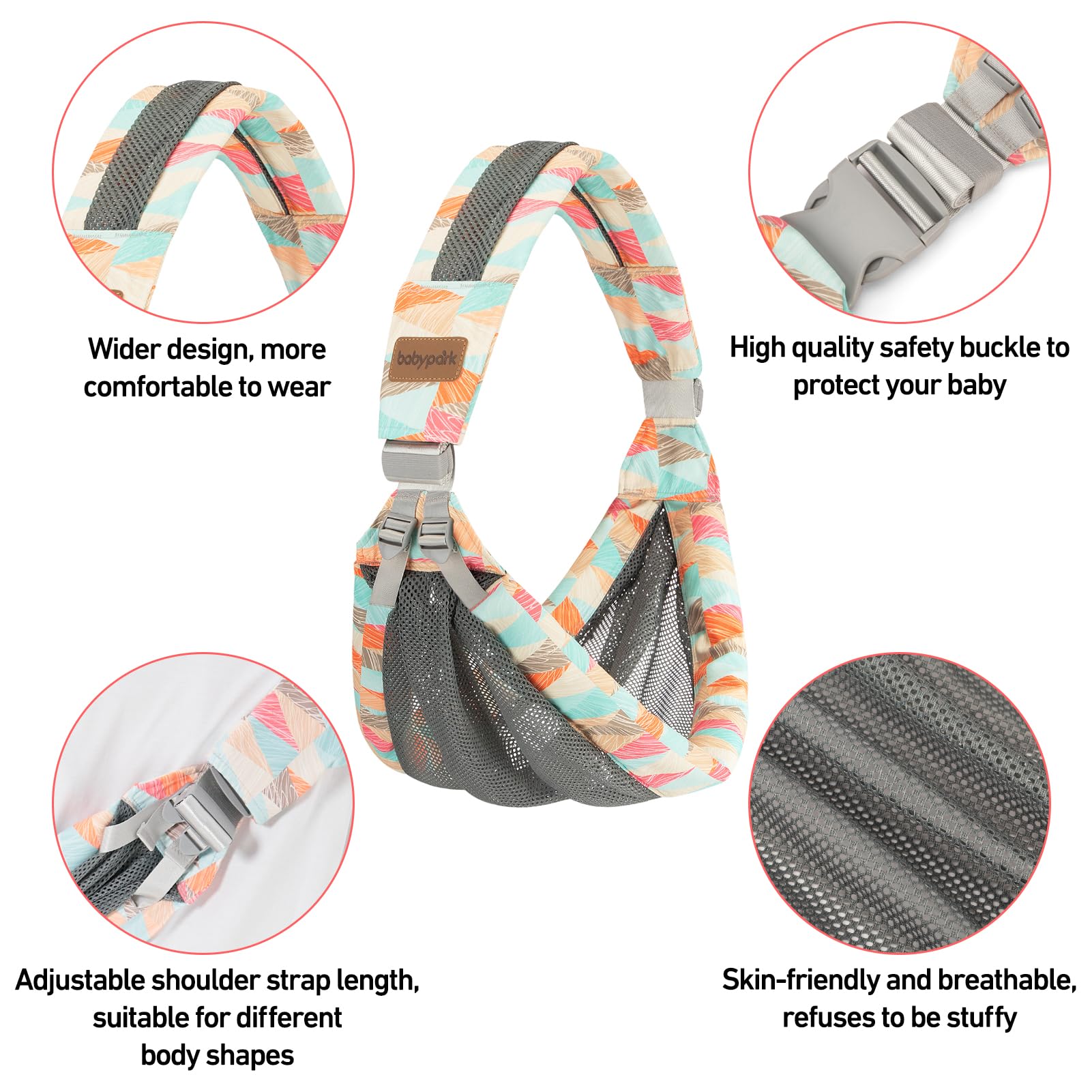 IULONEE Baby Wrap Carrier shows ergonomic hips for natural seating.