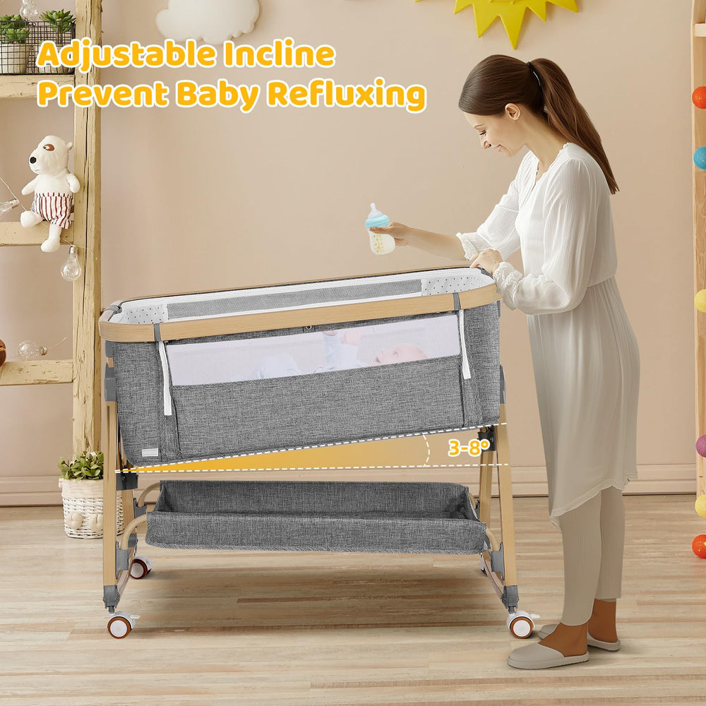 IUVKIMOM bassinet tilt feature illustrating elevated position for comfort.