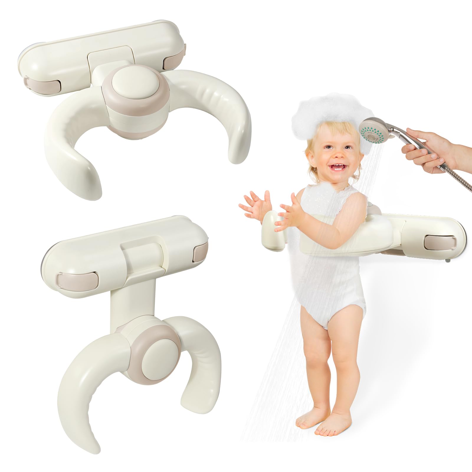 IvyWind baby shower stand folded against the wall to save bathroom space.