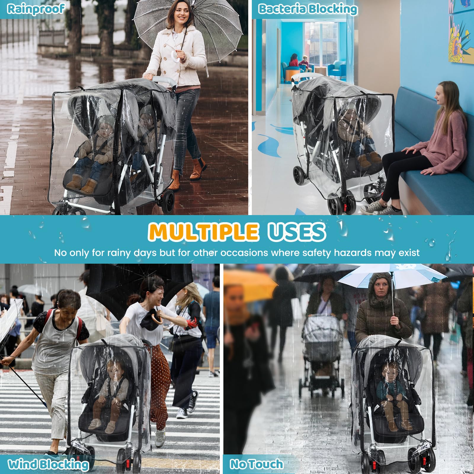 IvyWind double stroller rain cover back storage pocket keeps essentials dry.