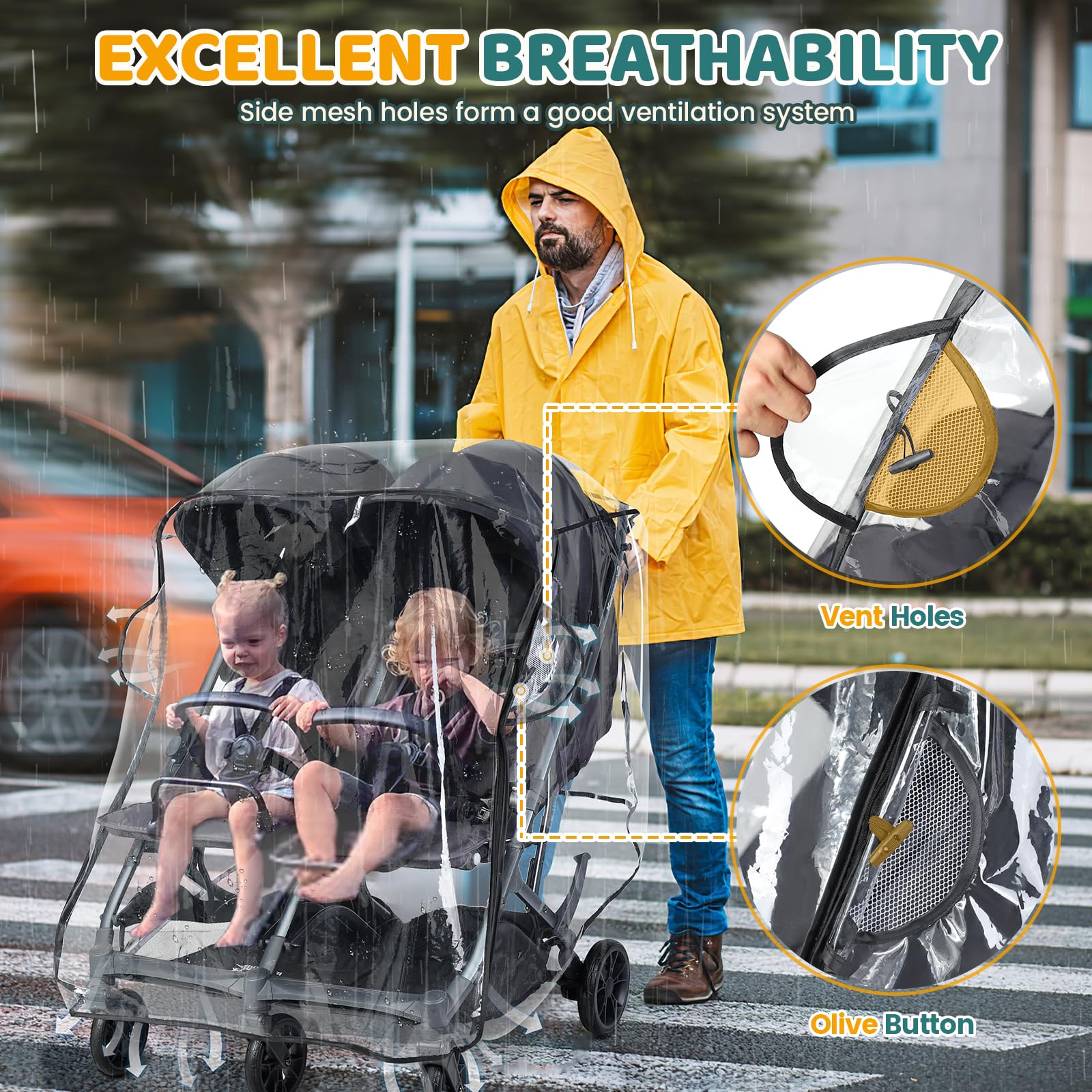 IvyWind Double Stroller Rain Cover back with storage pockets for small essentials.