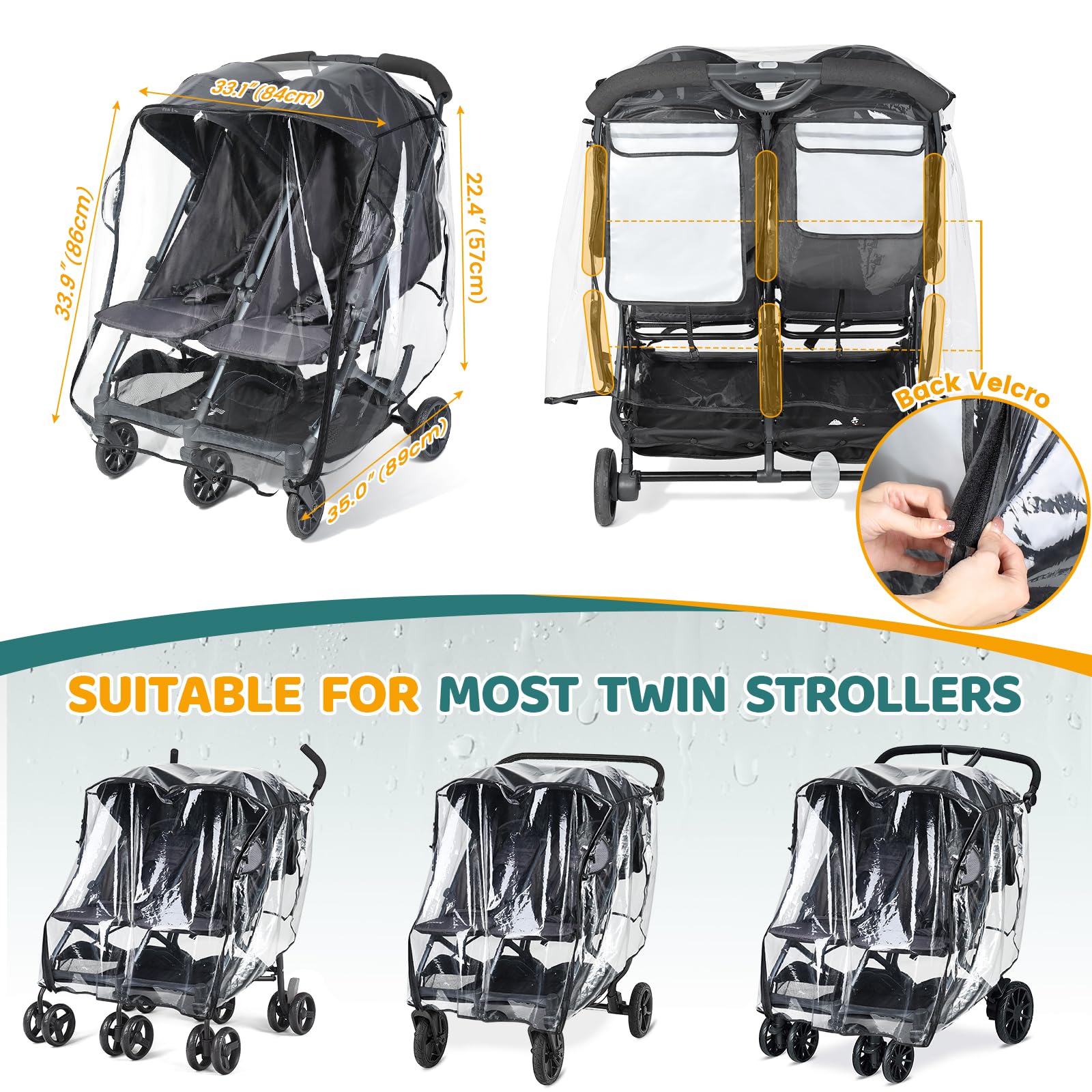 IvyWind Double Stroller Rain Cover back view showing secure fit.