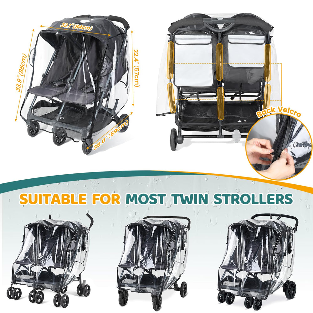 IvyWind Double Stroller Rain Cover back view showing secure fit.