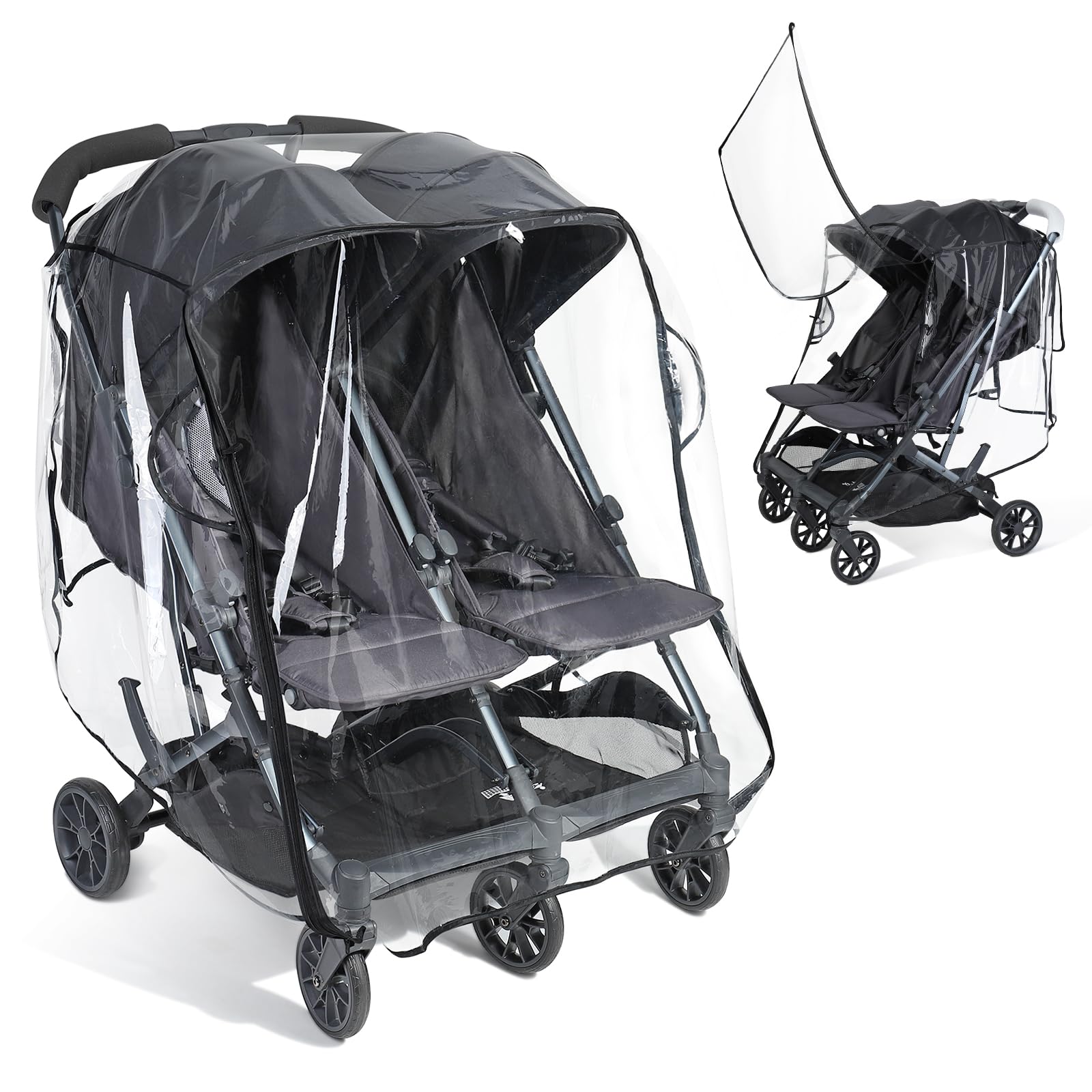 IvyWind Double Stroller Rain Cover front flap zipper for easy access in rain.