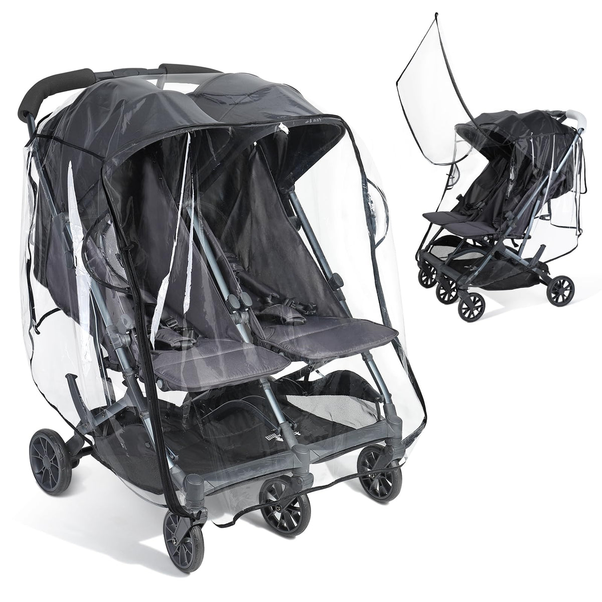 IvyWind Double Stroller Rain Cover front flap zipper for easy access in rain.