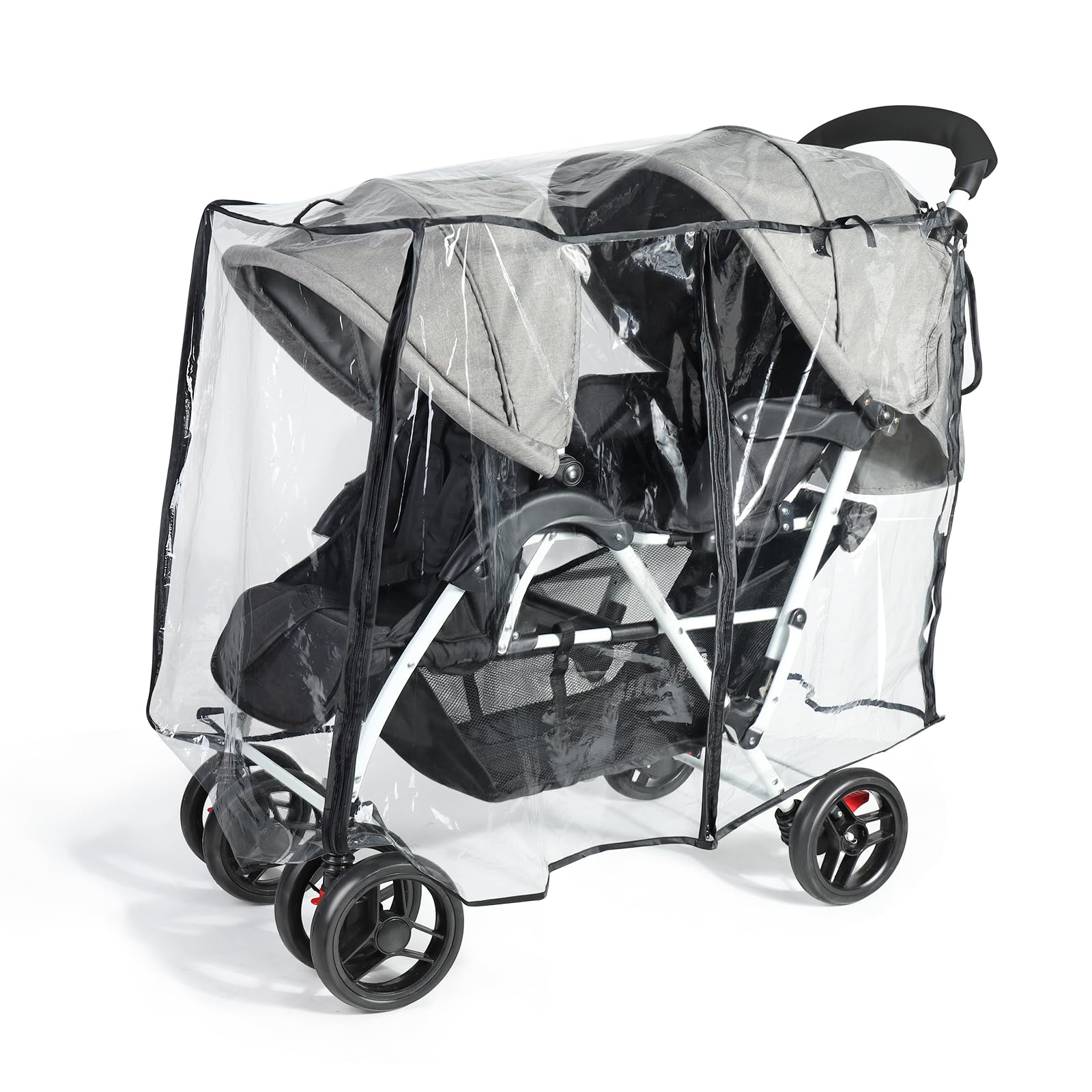 IvyWind double stroller rain cover front view keeps rain out while preserving visibility.