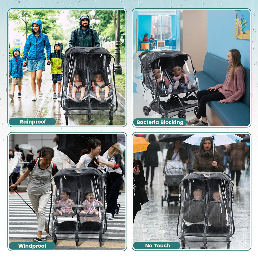 IvyWind Double Stroller Rain Cover in-use on a side-by-side stroller in rain.