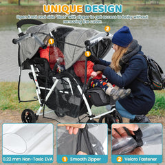 IvyWind double stroller rain cover side flap open demonstrates easy entry without removing cover.