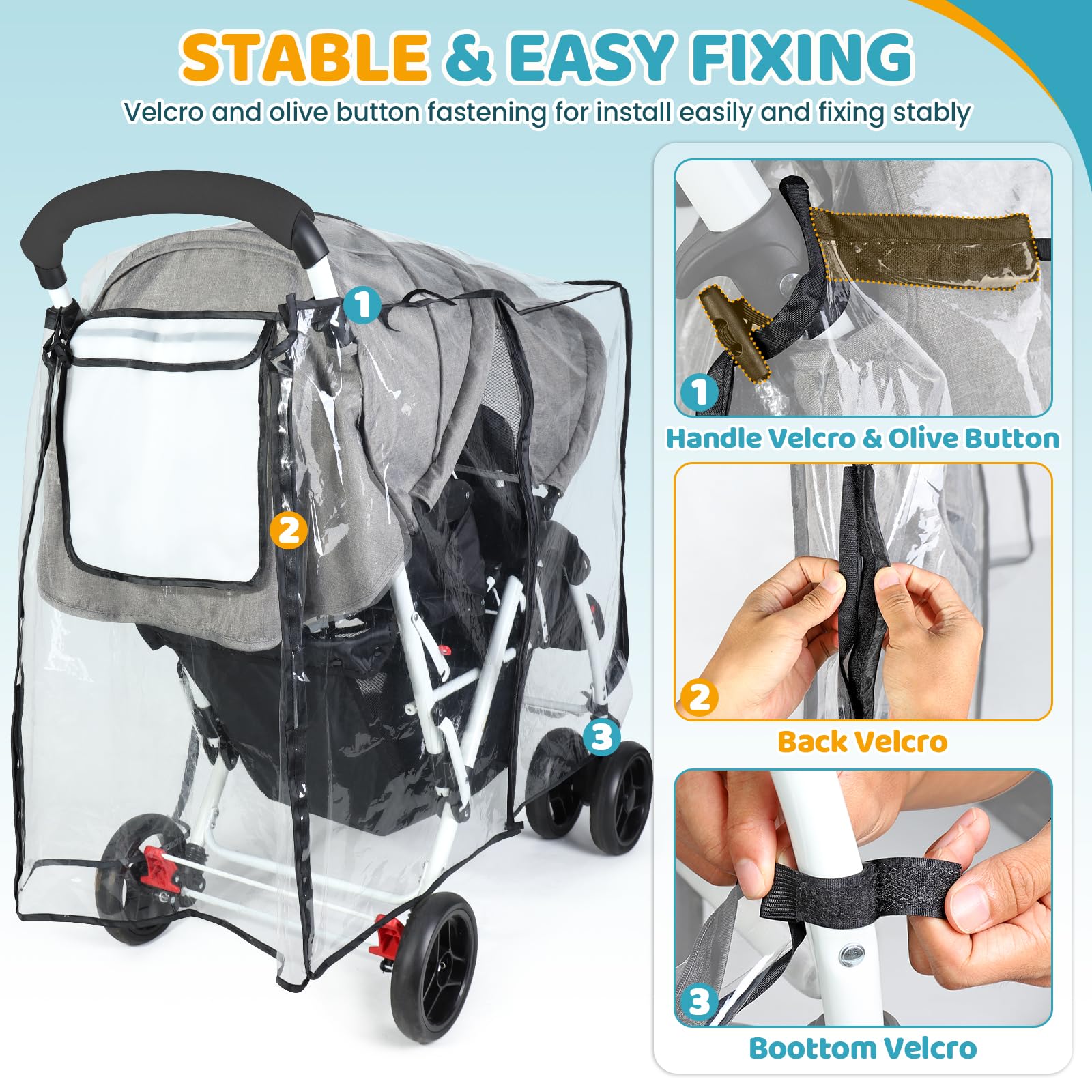 IvyWind universal-fit back with adjustable velcro fits many double tandem strollers.