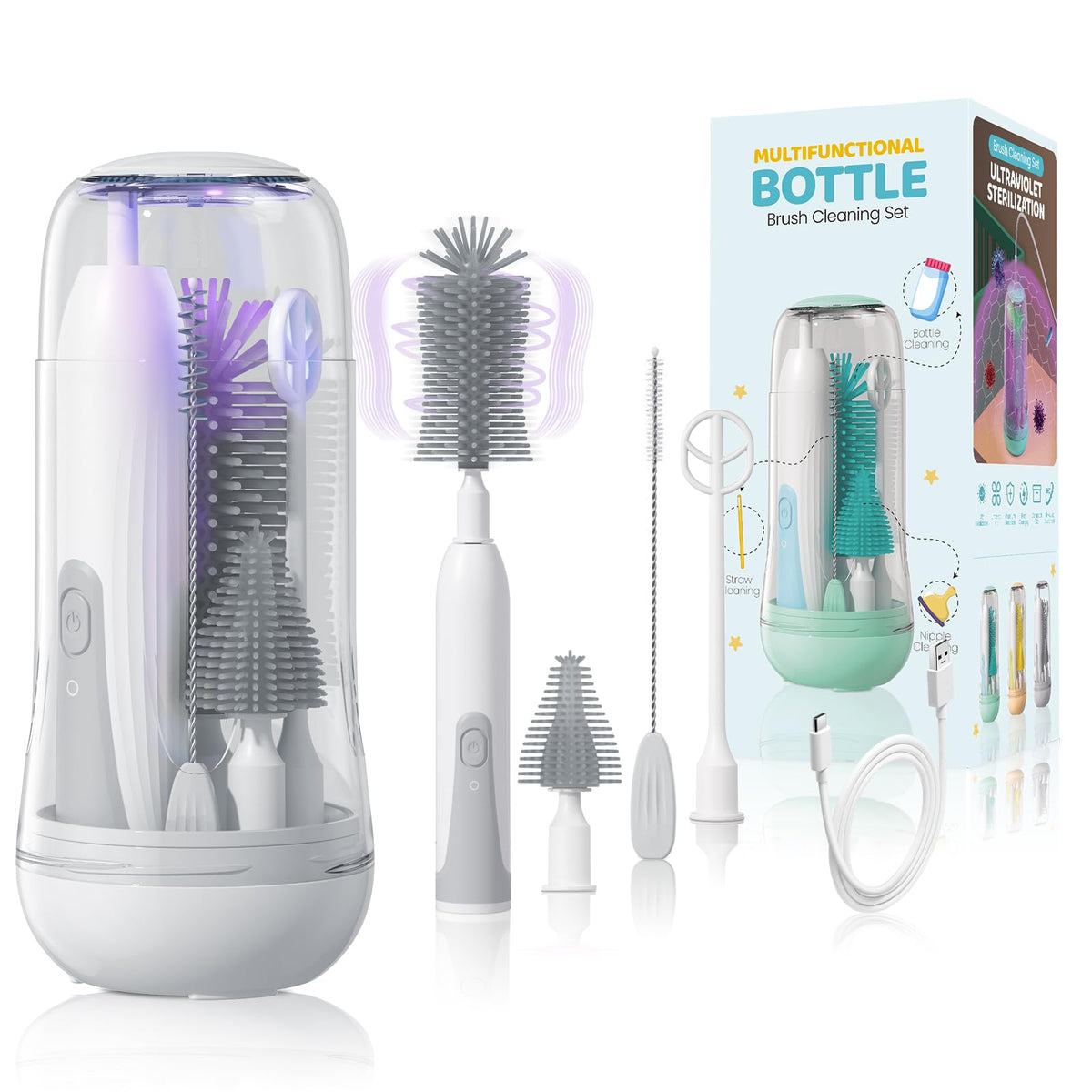 IvyWind electric travel bottle brush set with storage box for efficient on-the-go cleaning.
