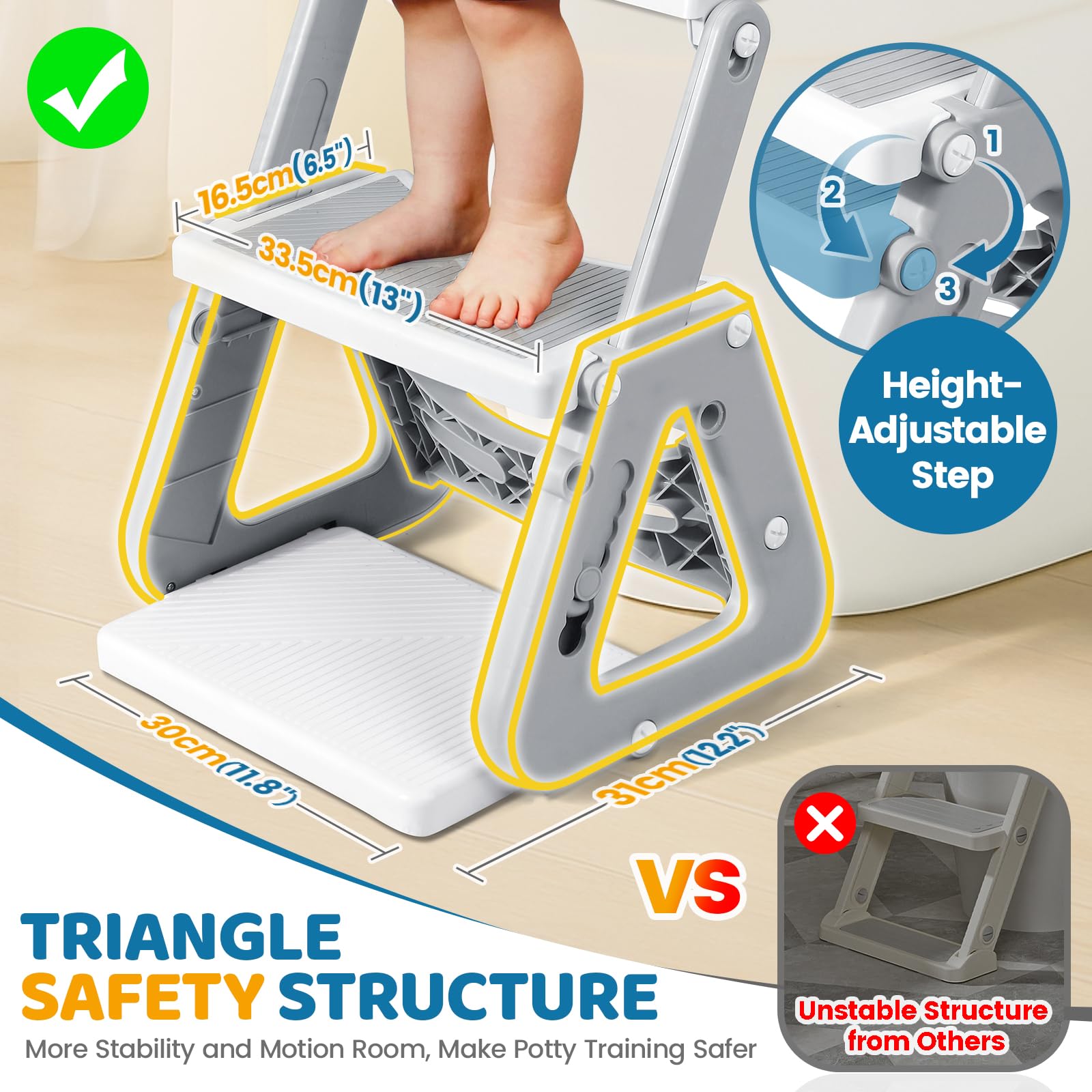 IvyWind potty seat highlighting wide steps and safety handles for easy training.