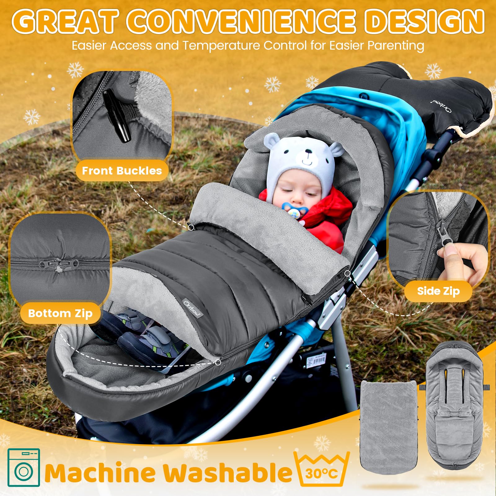 IvyWind footmuff L-shape back design secures on the stroller