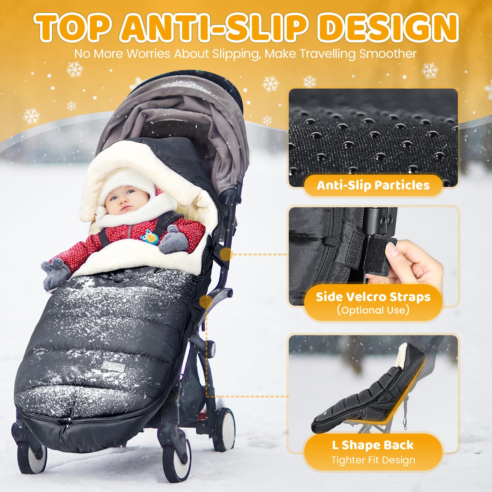 IvyWind footmuff zipper area showing two-way zipper for easy diaper changes