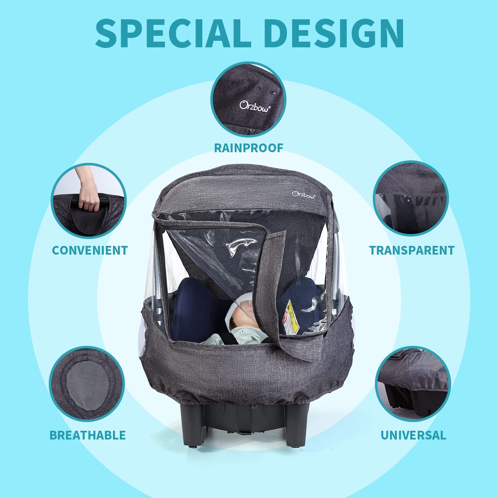 IvyWind rain cover side ventilation holes promote airflow around baby