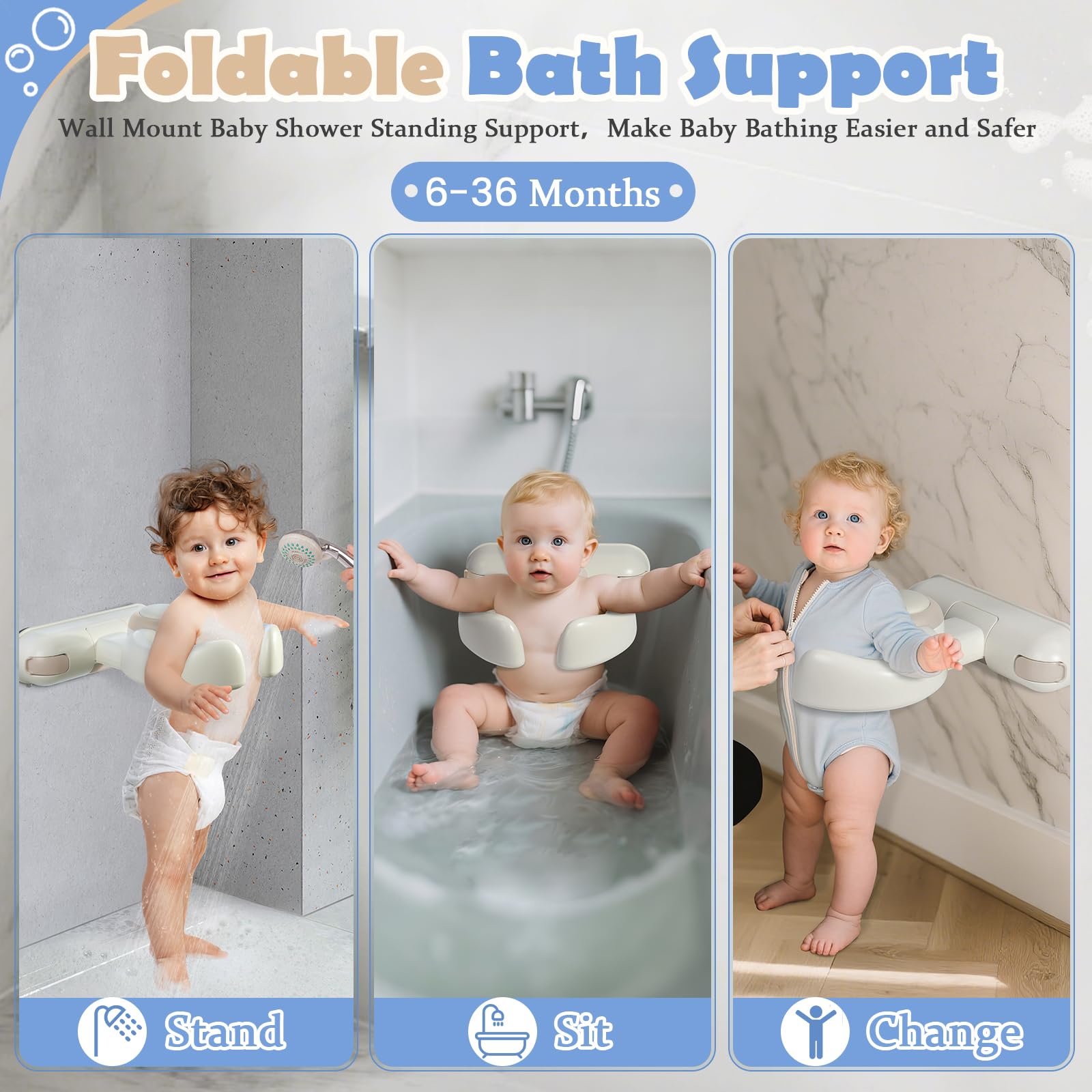 IvyWind wall-mounted bath stand with adjustable height for a growing toddler.