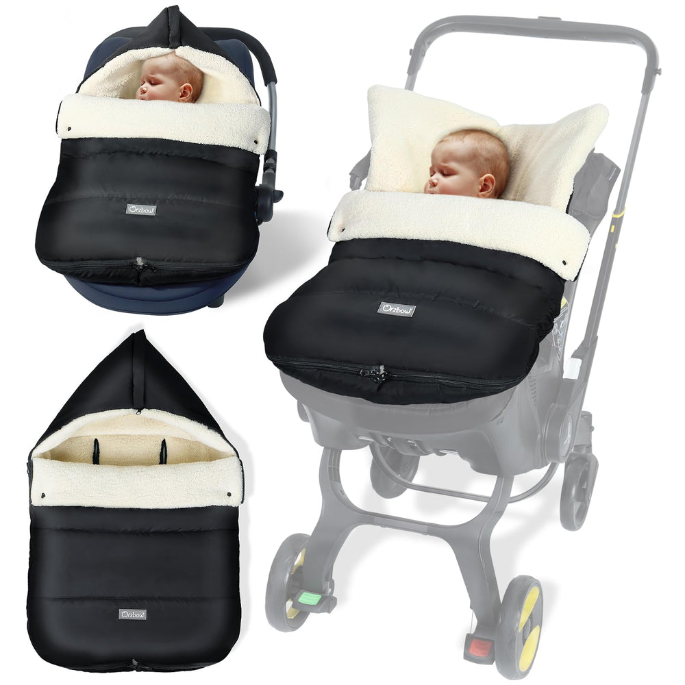IvyWind winter car seat cover with hood closed provides warm, shielded protection for chilly outings.