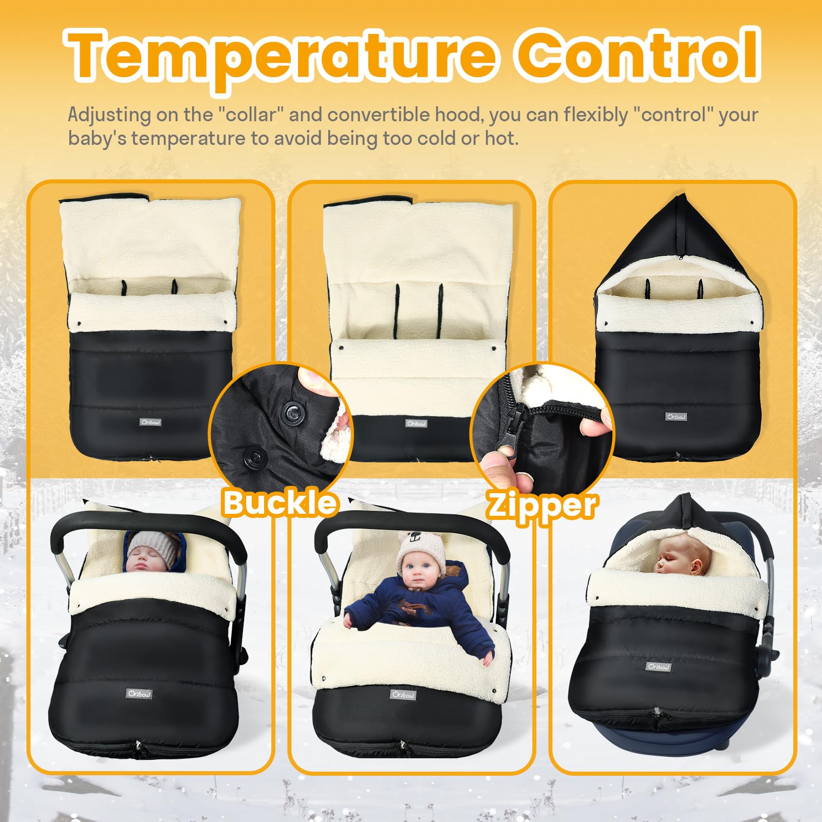 IvyWind winter car seat cover hood open demonstrates flat design for unrestricted head movement.