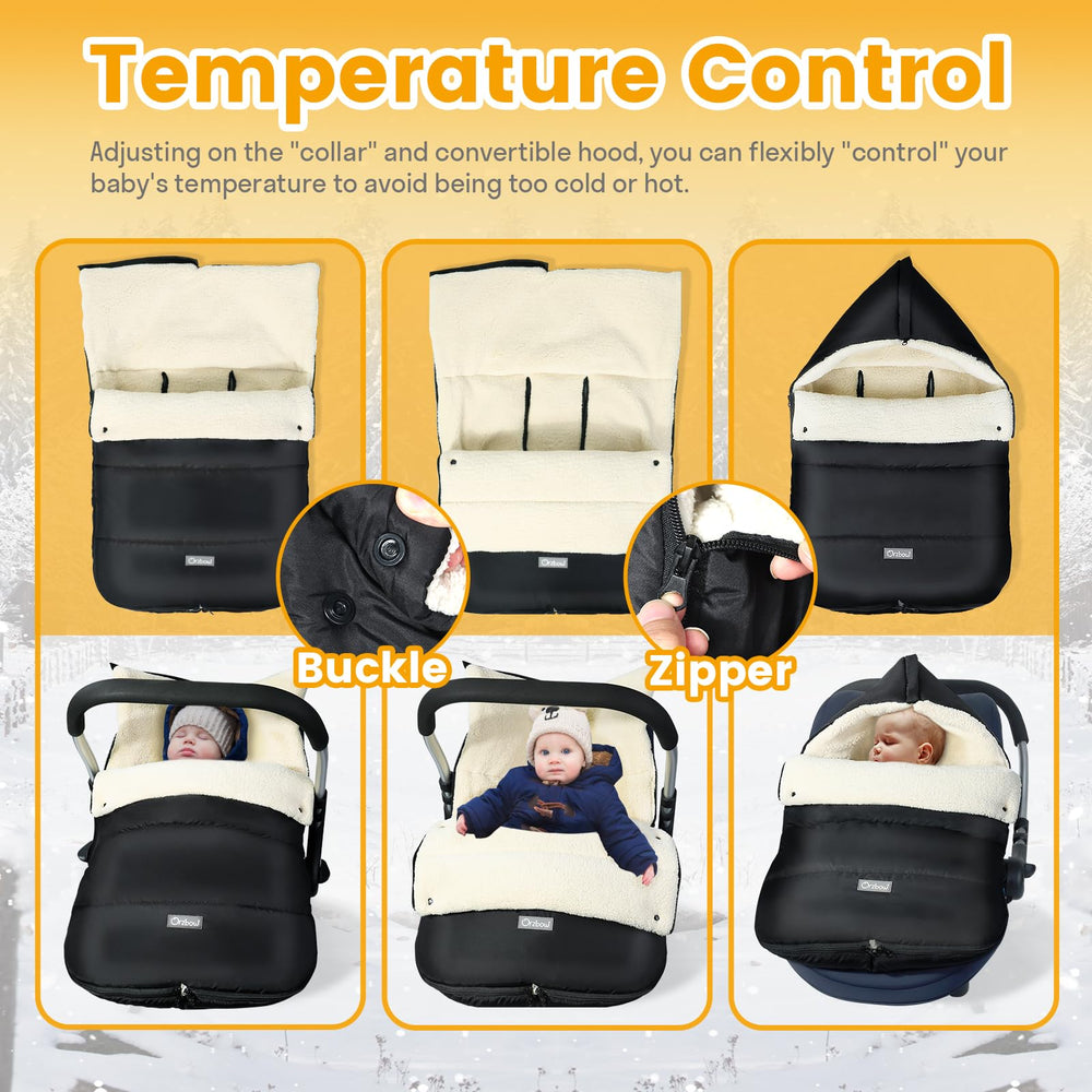 IvyWind winter car seat cover hood open demonstrates flat design for unrestricted head movement.