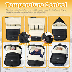 IvyWind winter car seat cover hood open demonstrates flat design for unrestricted head movement.