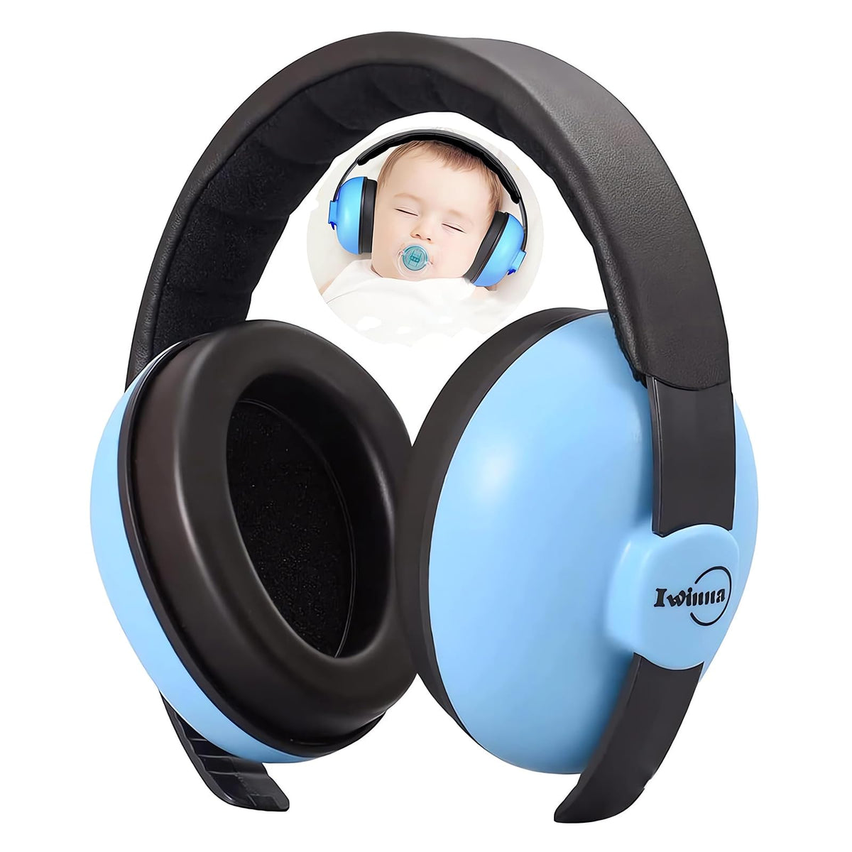 Iwinna baby headphones in blue providing ear protection with a compact design