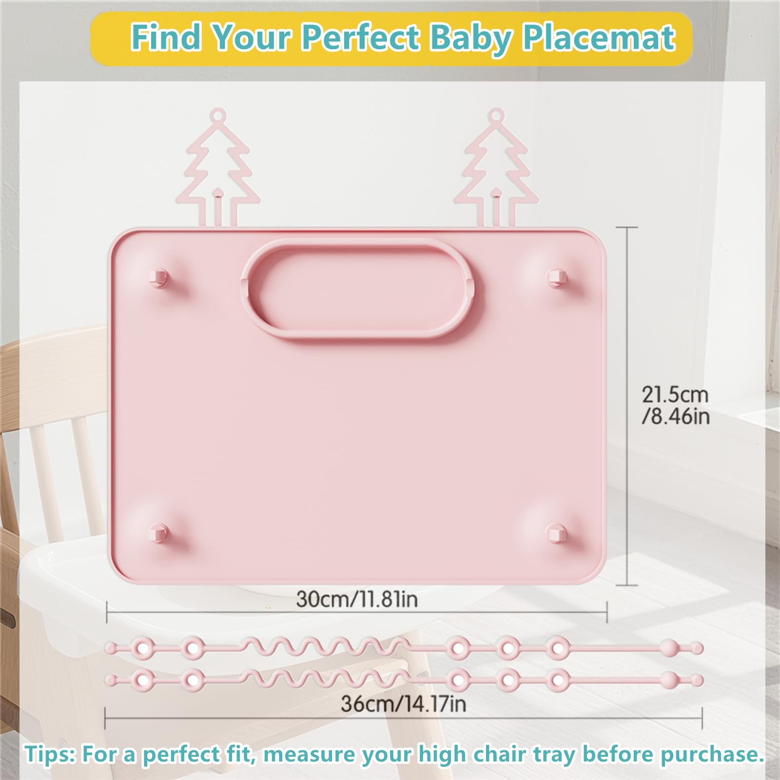 Placemat attached to a highchair showing compatibility with various surfaces.