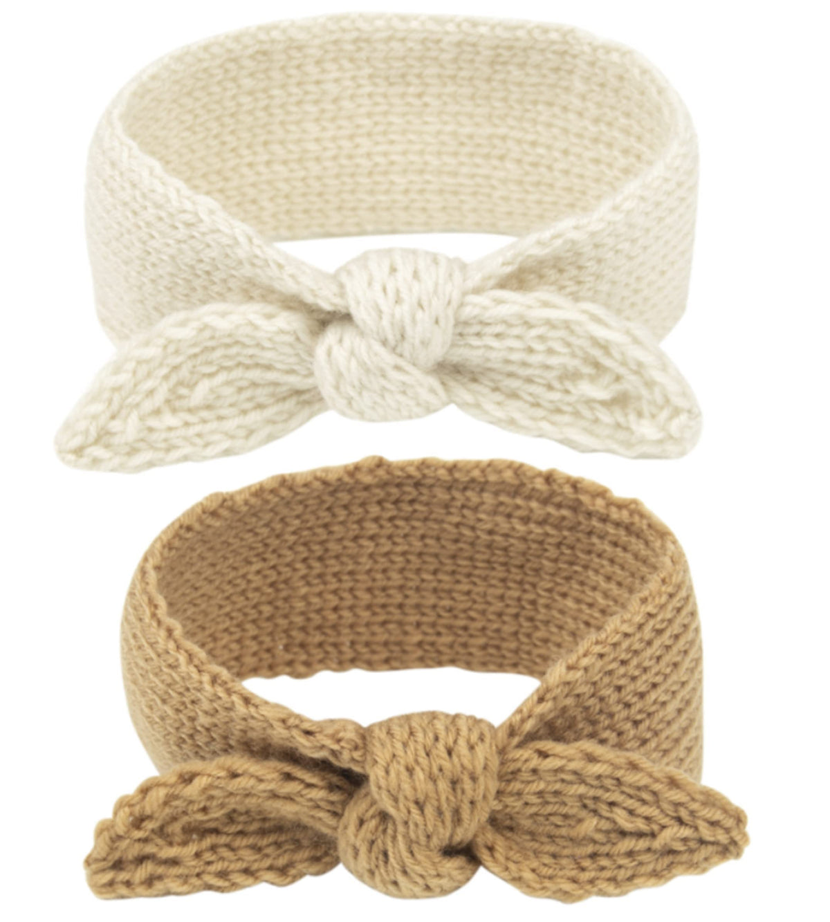 IZUS baby headband rabbit knot camel closeup showing soft knit texture and gentle fit.