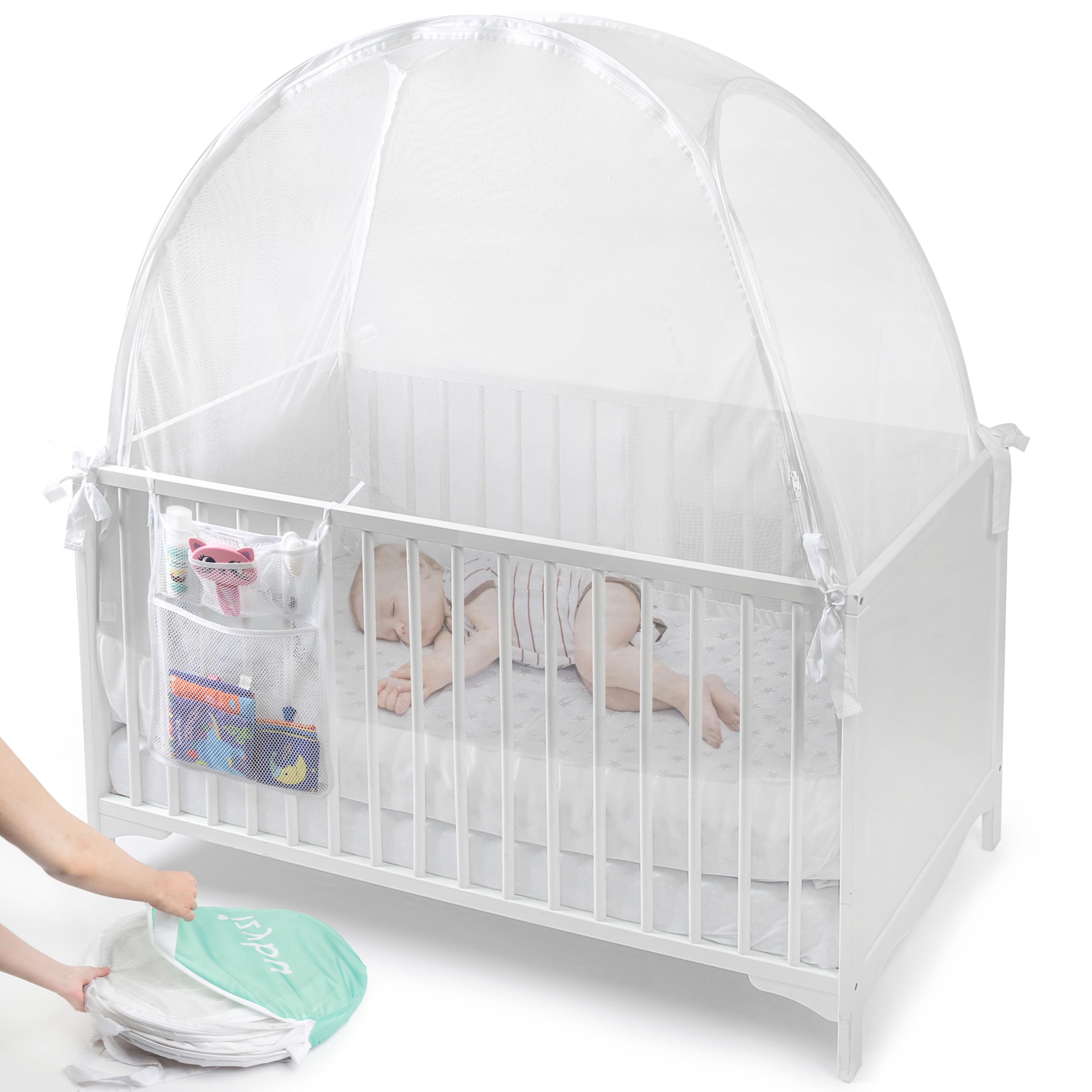 Izybu crib tent with breathable mesh for baby comfort.
