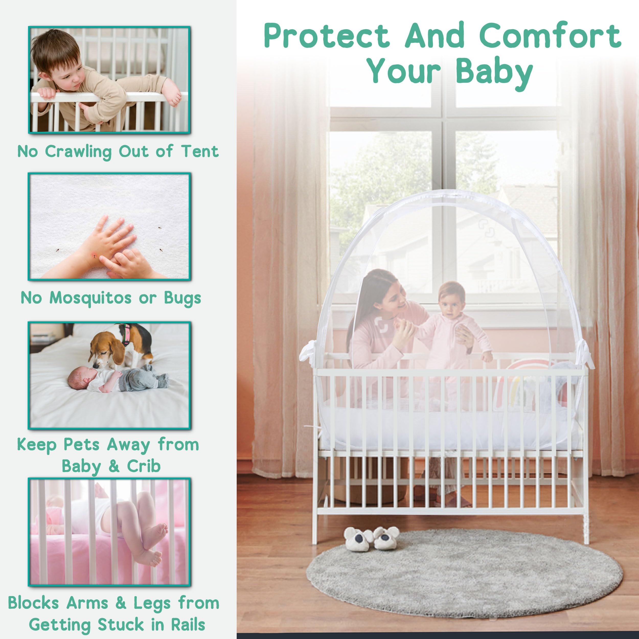 Izybu crib tent featuring locking zippers to prevent unzipping.