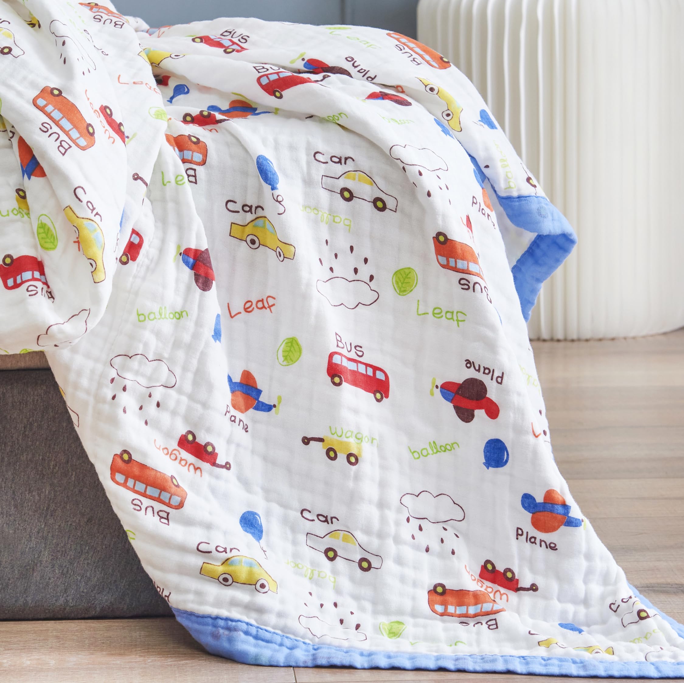 J-pinno Cars blanket front view showing soft cotton feel and cheerful design.