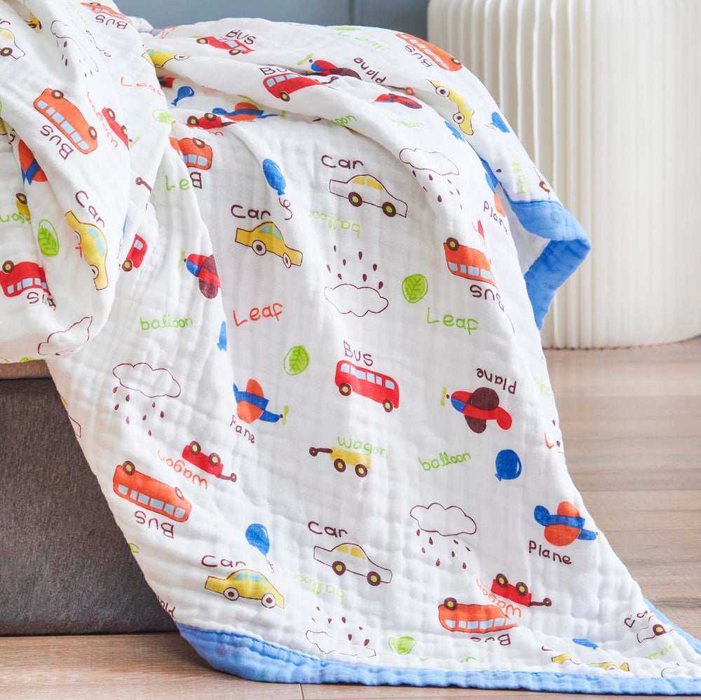 J-pinno Cars blanket front view showing soft cotton feel and cheerful design.