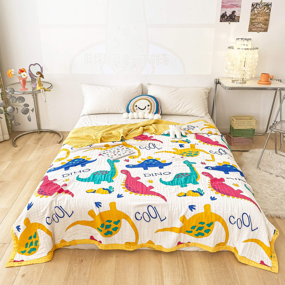 Reversible design features two playful dinosaur patterns.