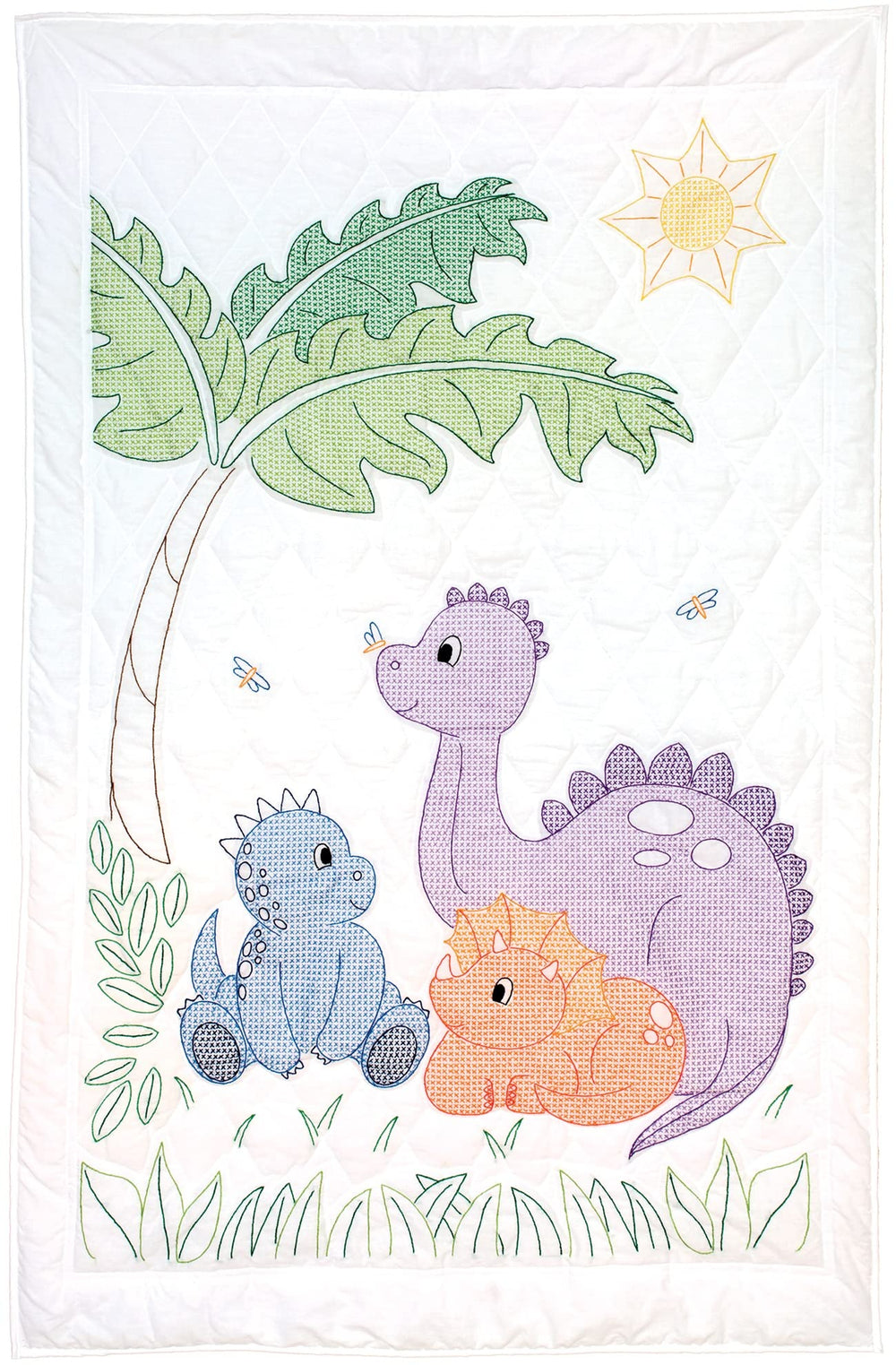 Jack Dempsey Needle Art ink-wash-out dinosaurs crib quilt top shows easy wash detail