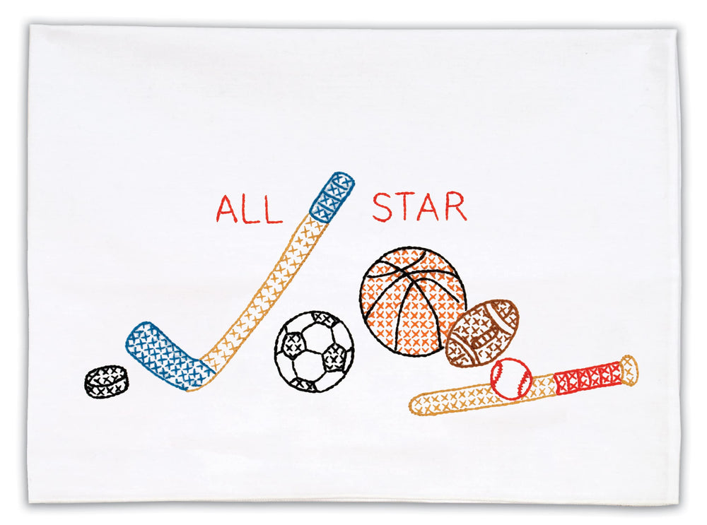 Jack Dempsey Needle Art sports child pillowcase, front view, washable ink