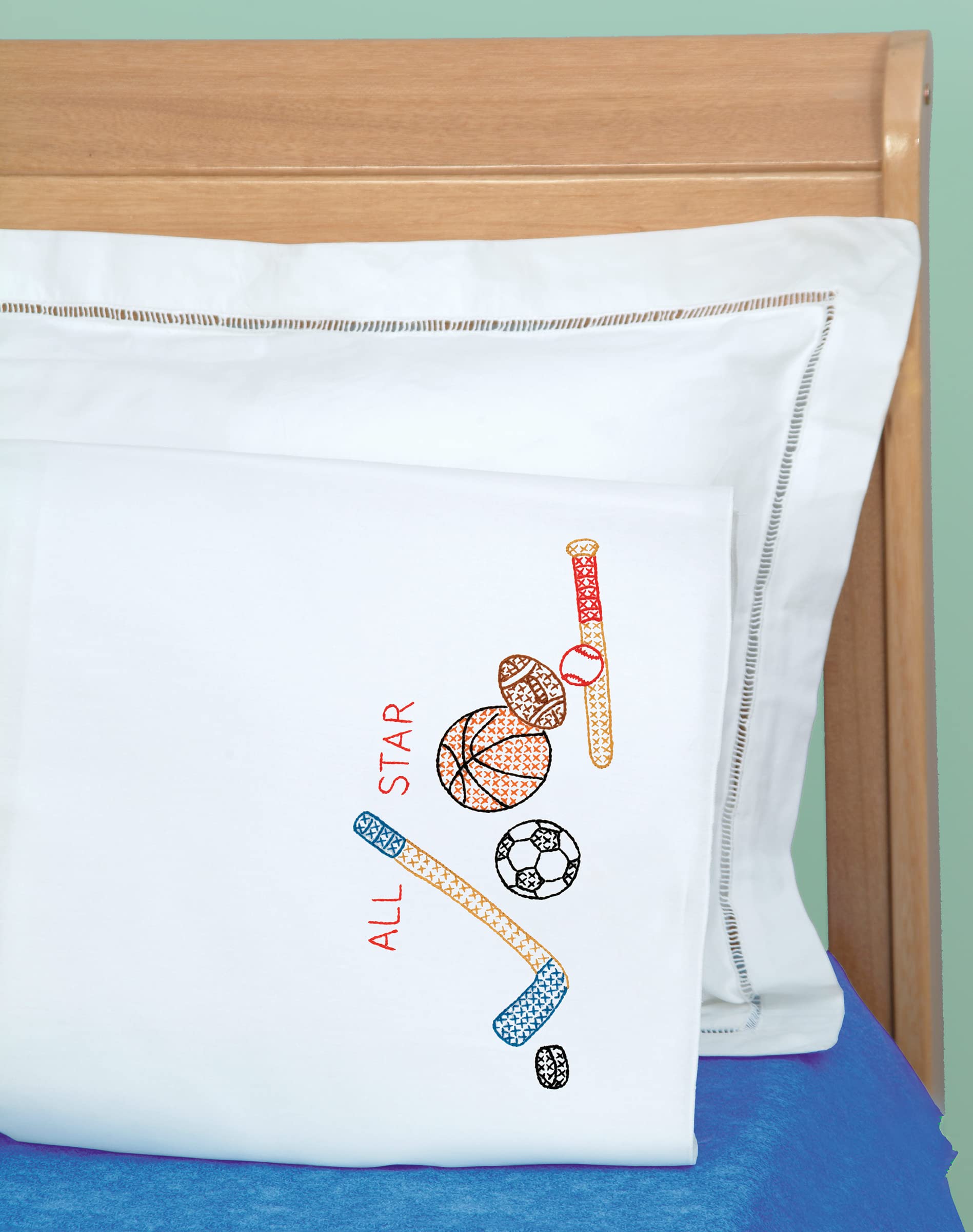 Jack Dempsey Needle Art sports child pillowcase stitch detail with durable edges