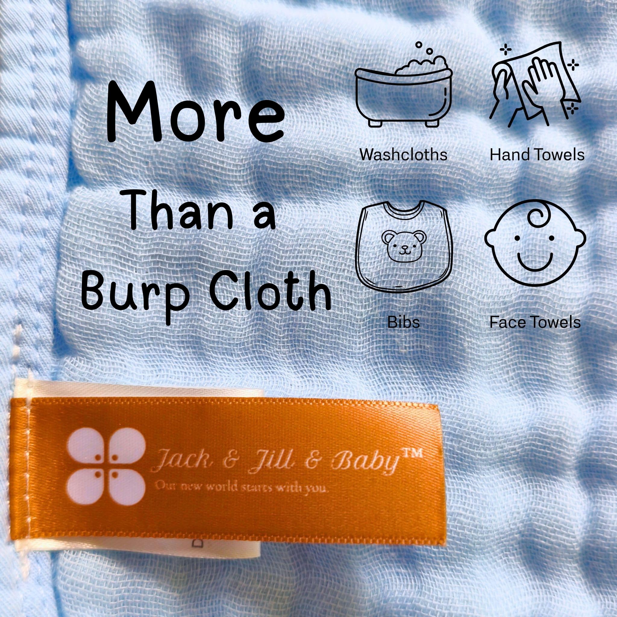 Jack & Jill & Baby multi-use burp cloths double as bibs and wipes.