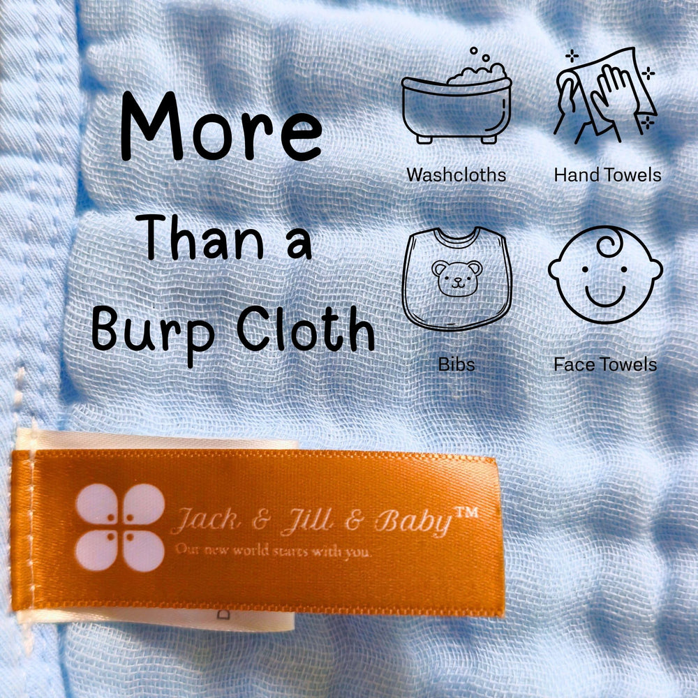 Jack & Jill & Baby multi-use burp cloths double as bibs and wipes.