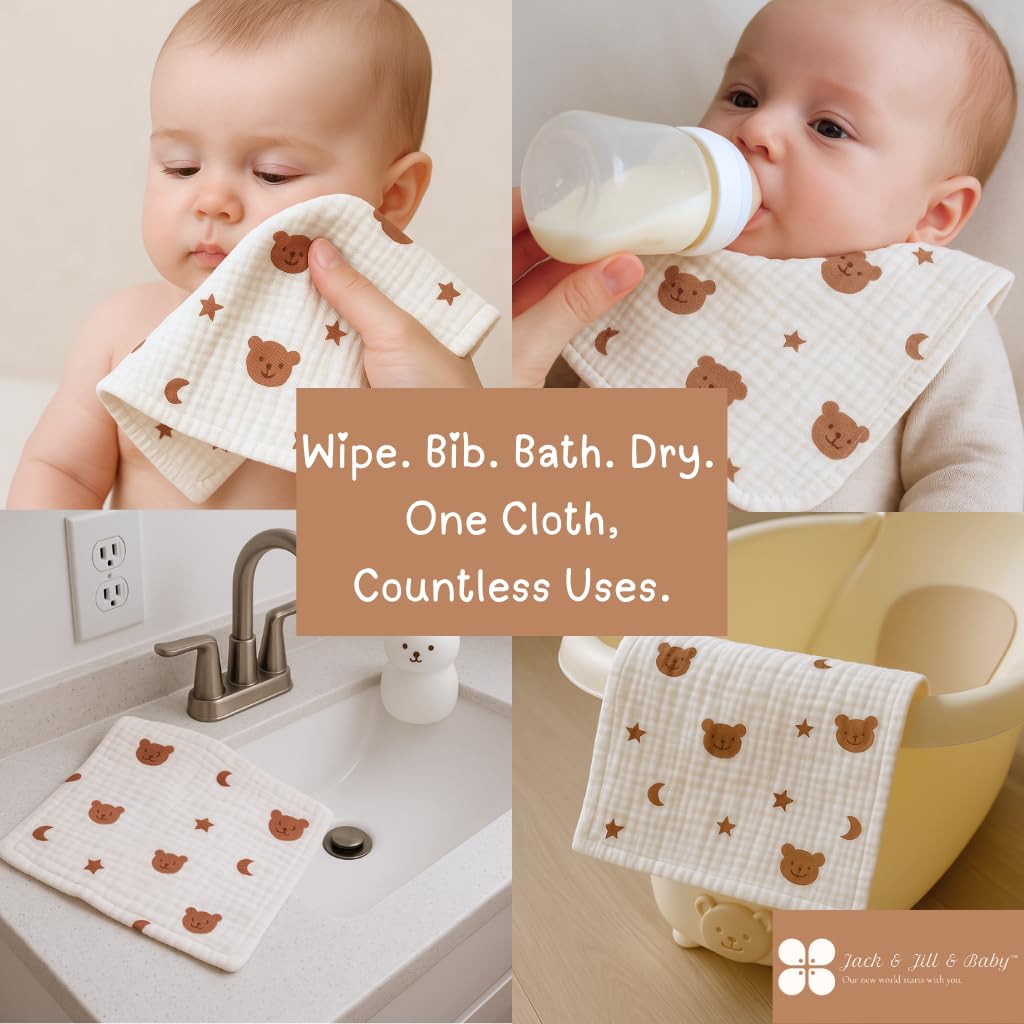 Jack & Jill & Baby washcloths machine washable for enduring softness.