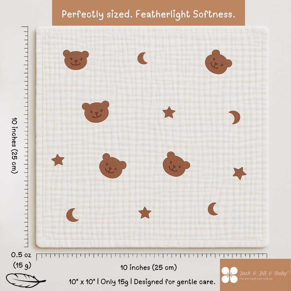 Jack & Jill & Baby washcloths laid out for versatile nursery tasks.